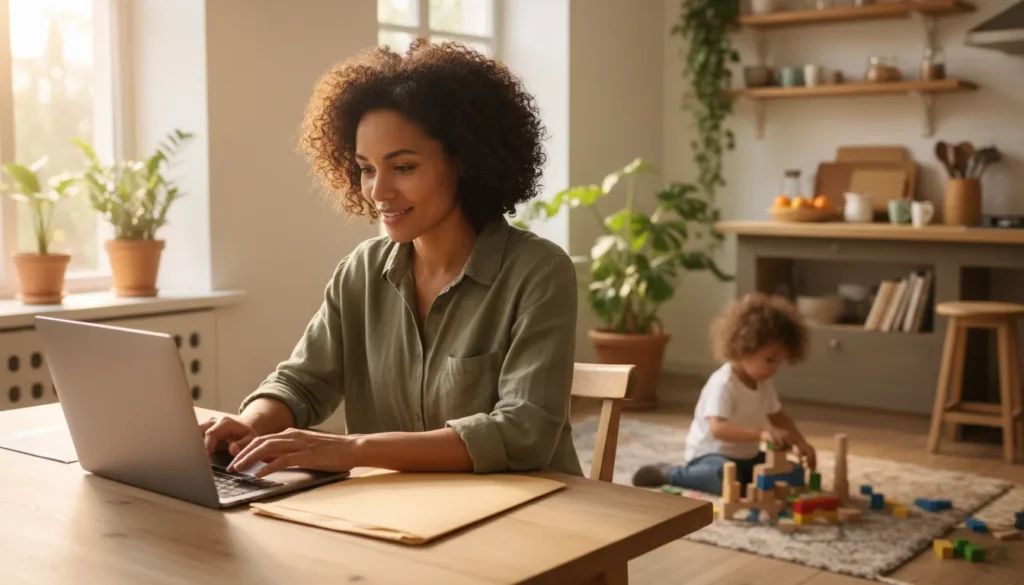 A mother sitting at a kitchen table with a laptop and a folder of papers while her young child plays nearby
