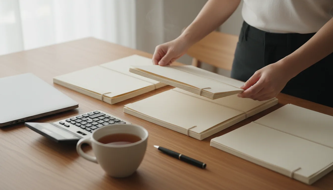 A woman's hands organizing folders on a dining table beside a laptop, calculator, and mug of tea