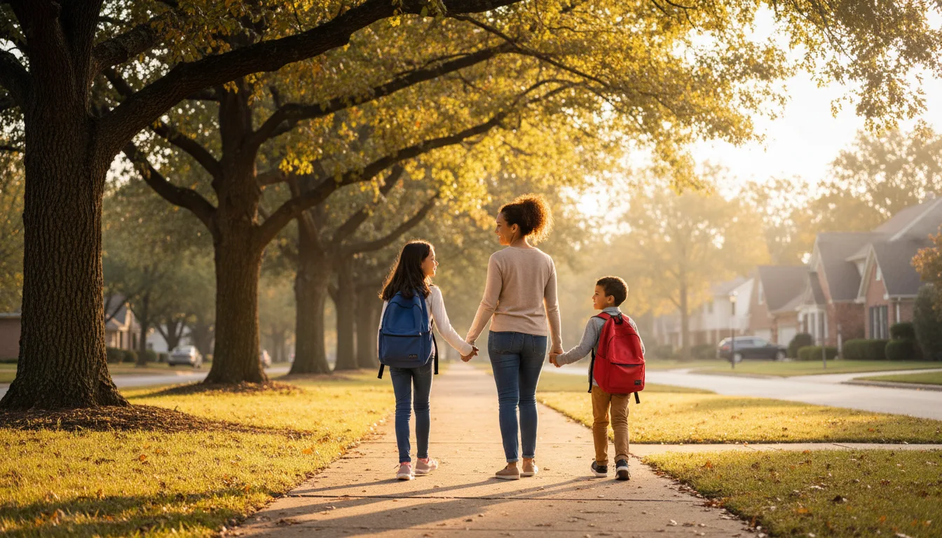 A mother walking her two children to school along a tree-lined sidewalk on an autumn morning