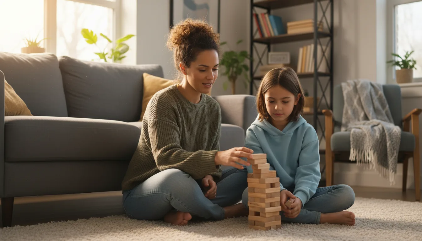 A parent and a young child sitting on a living-room floor building a wooden block tower together