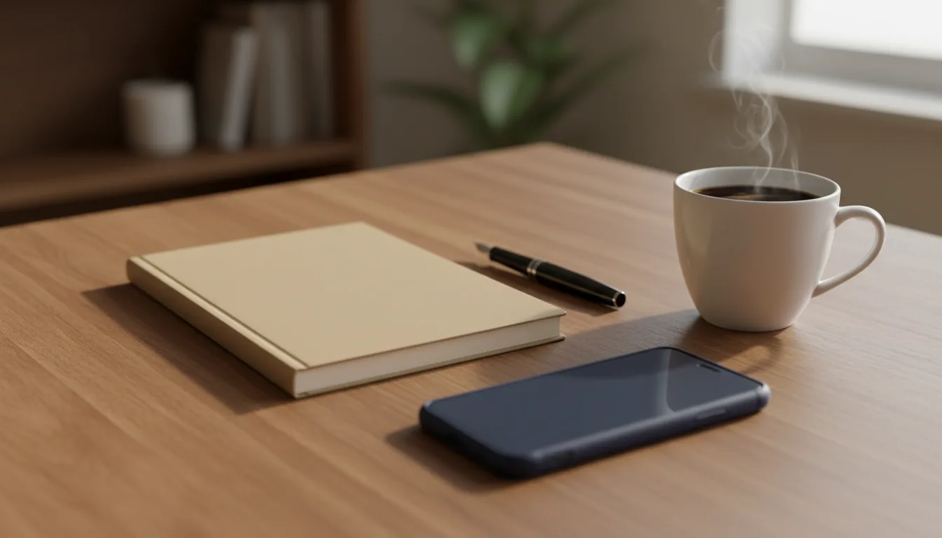 A closed notebook, a pen, and a phone on a wooden desk beside a cup of coffee