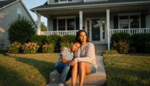 A parent and a young child sitting together on the front steps of a house in late-afternoon light