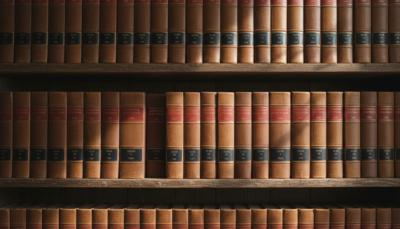 Rows of leather-bound law books on wooden library shelves in warm daylight