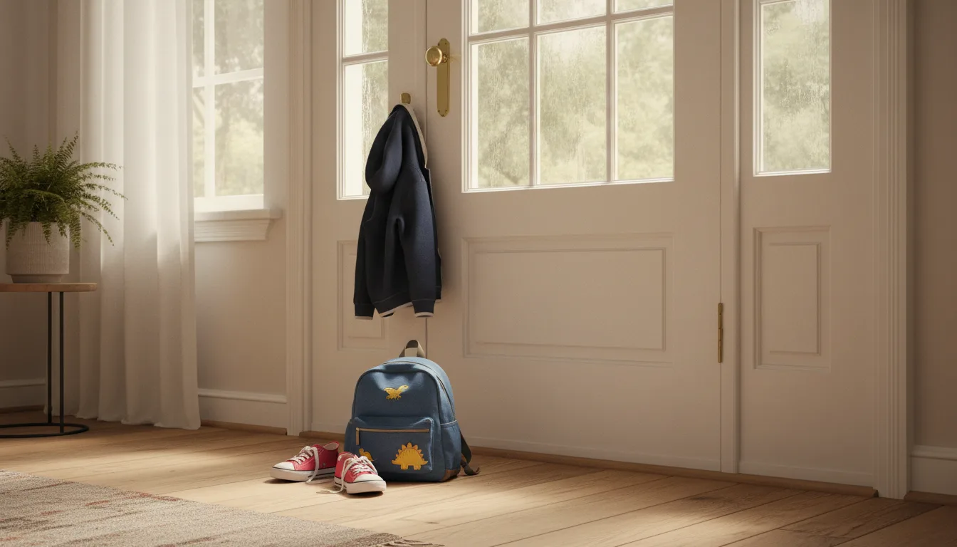 A child's backpack and sneakers waiting by the front door of a bright entryway